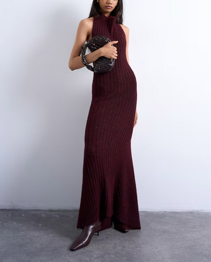 Red Knit Backless Halter Neck Dress