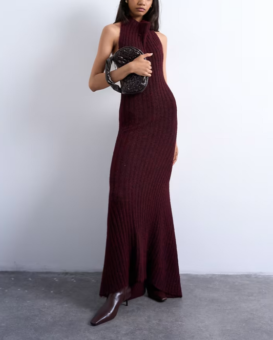 Red Knit Backless Halter Neck Dress