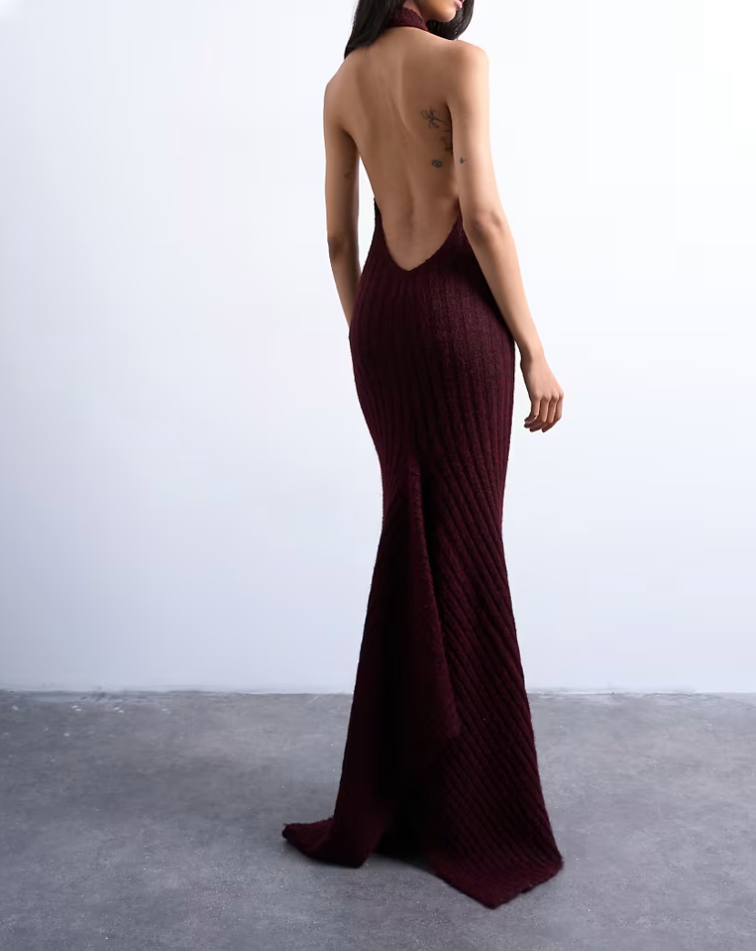 Red Knit Backless Halter Neck Dress
