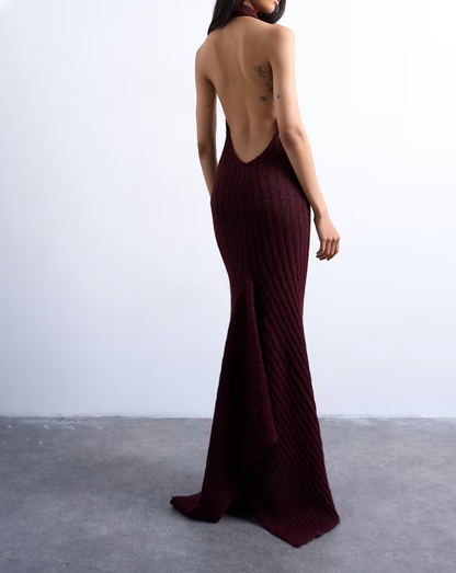 Red Knit Backless Halter Neck Dress