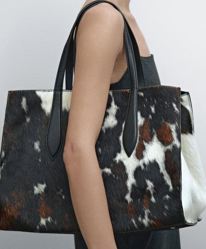 Animal Print Hair-On Leather Maxi Tote Bag