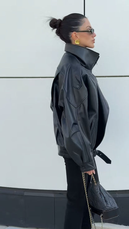 Double-Collar Puffed Drop-Shoulder Leather Jacket