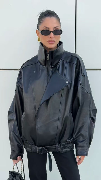 Double-Collar Puffed Drop-Shoulder Leather Jacket