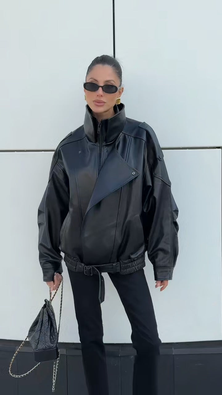 Double-Collar Puffed Drop-Shoulder Leather Jacket