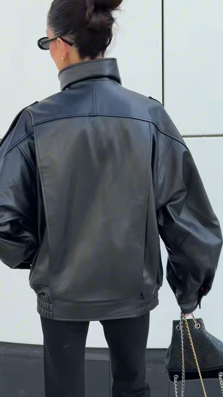 Double-Collar Puffed Drop-Shoulder Leather Jacket