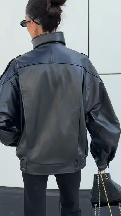 Double-Collar Puffed Drop-Shoulder Leather Jacket