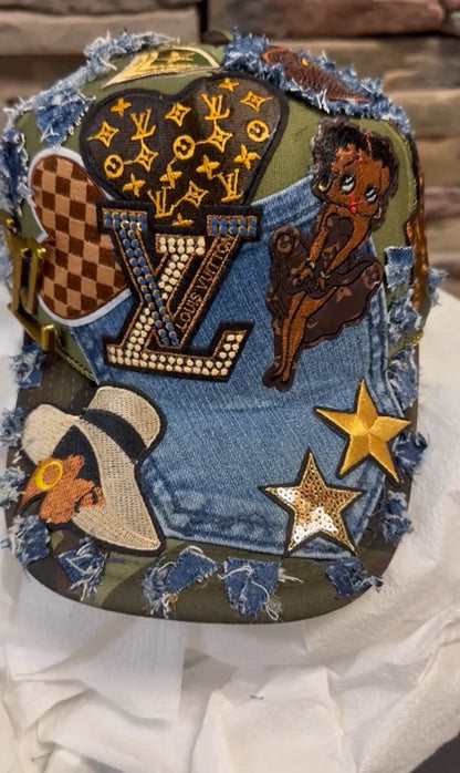 Fabric rhinestone patchwork baseball cap