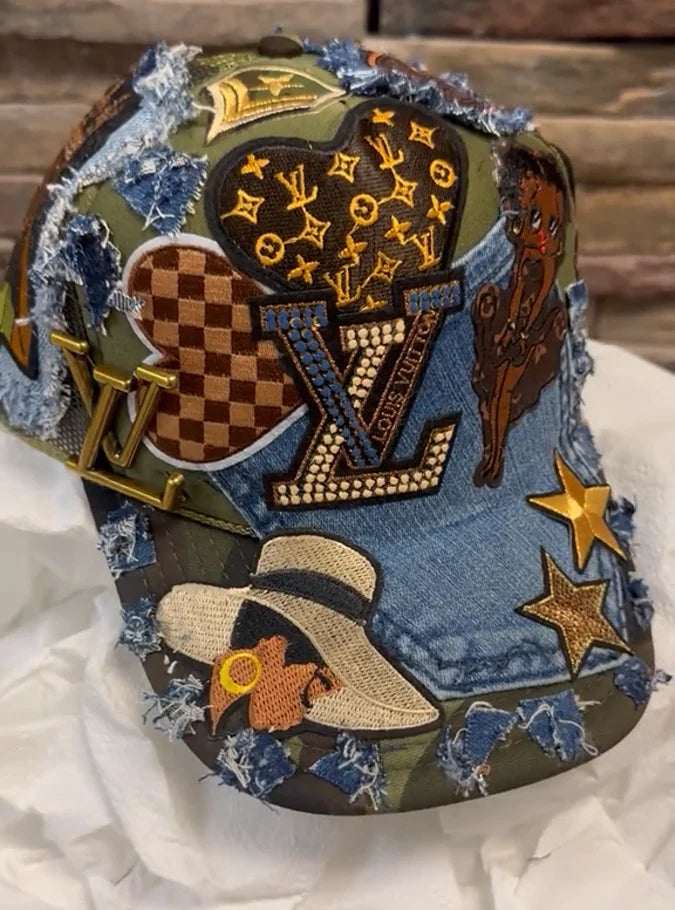 Fabric rhinestone patchwork baseball cap