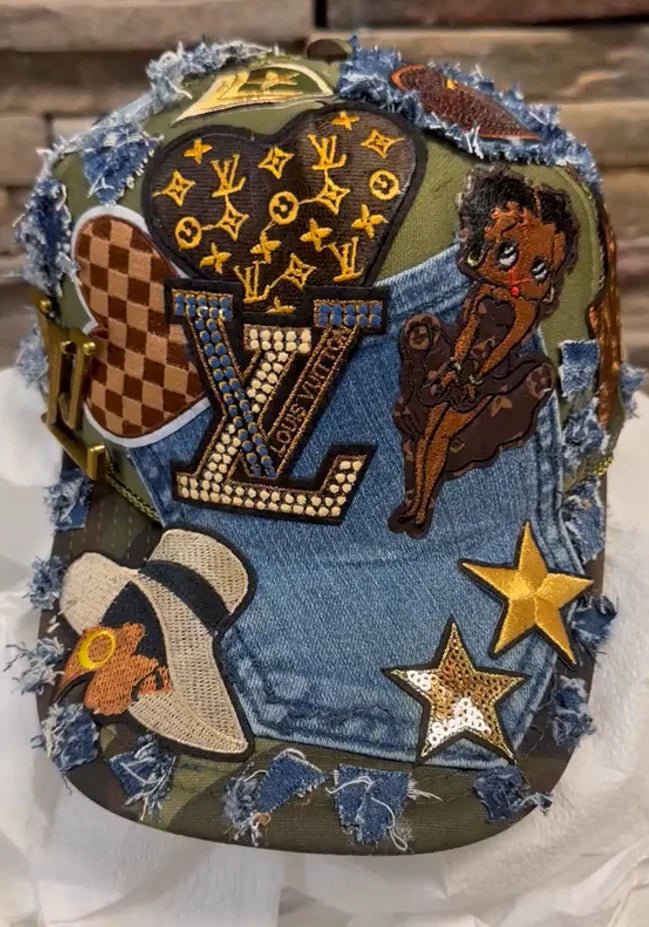 Fabric rhinestone patchwork baseball cap