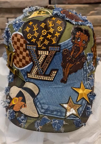 Fabric rhinestone patchwork baseball cap