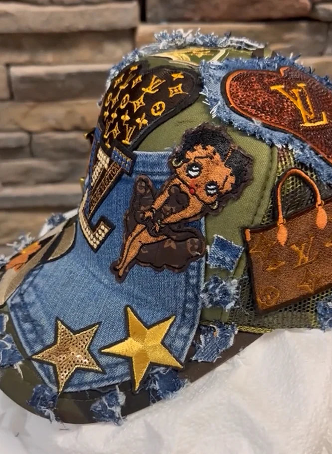 Fabric rhinestone patchwork baseball cap