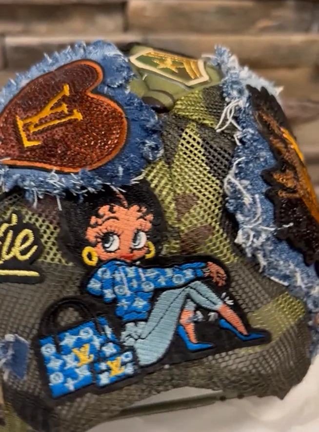 Fabric rhinestone patchwork baseball cap