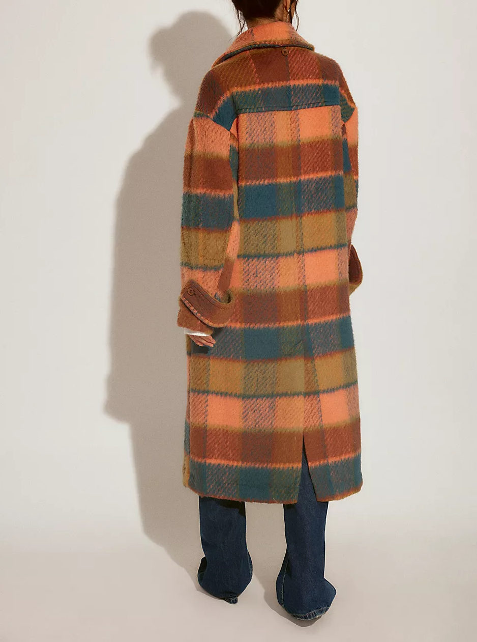 Rainbow Plaid Wool Coat With Detachable Scarf