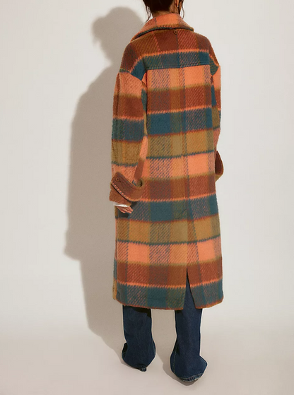 Rainbow Plaid Wool Coat With Detachable Scarf