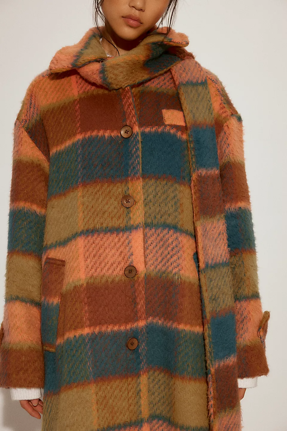 Rainbow Plaid Wool Coat With Detachable Scarf