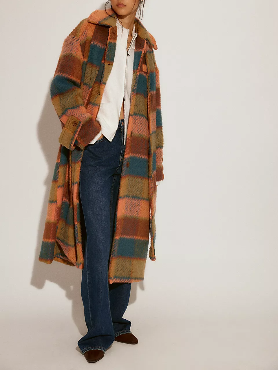 Rainbow Plaid Wool Coat With Detachable Scarf