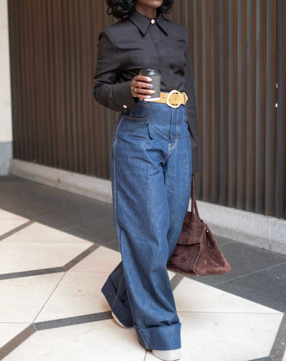 High-Waisted Straight-Leg Pleated Jeans