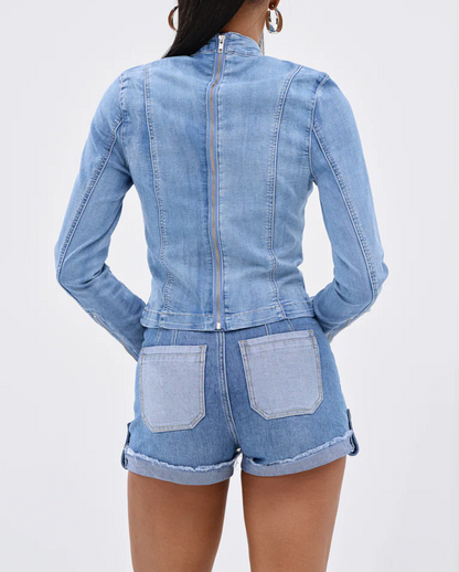 Bow Tie Denim Long-Sleeve Top