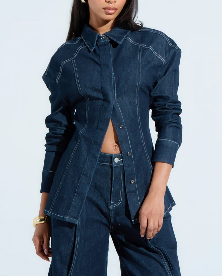 Button-Front Pleated Denim Shirt