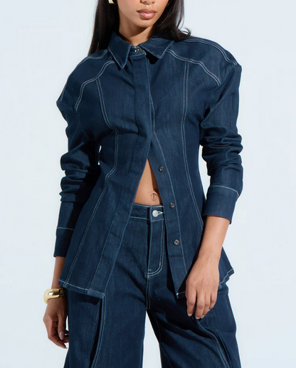 Button-Front Pleated Denim Shirt