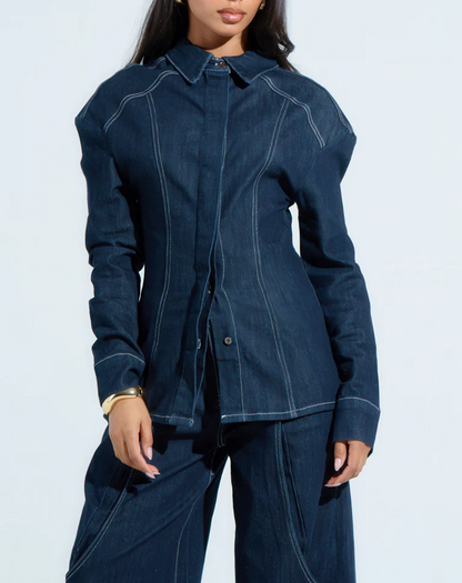 Button-Front Pleated Denim Shirt