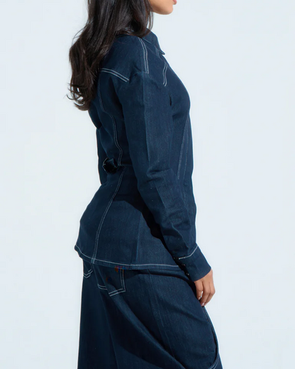 Button-Front Pleated Denim Shirt