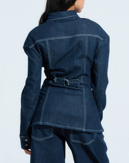 Button-Front Pleated Denim Shirt