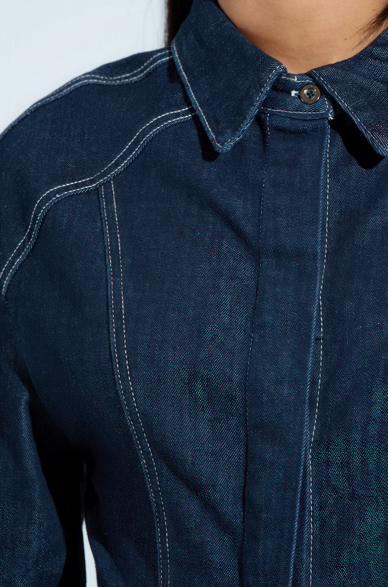 Button-Front Pleated Denim Shirt