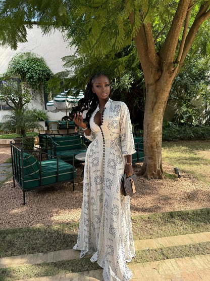 White Cotton Button Maxi Dress