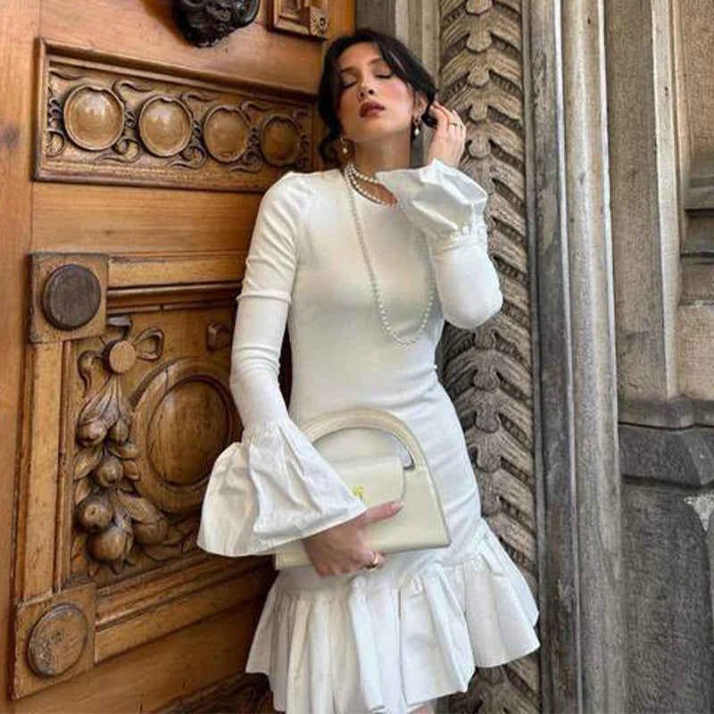 Spliced Long Sleeve Slim Flared Sleeve Dress