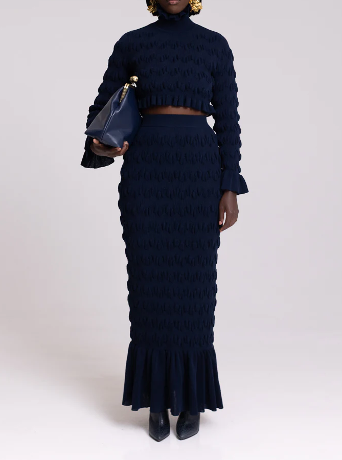 Knit Pleated Crop Set In Navy