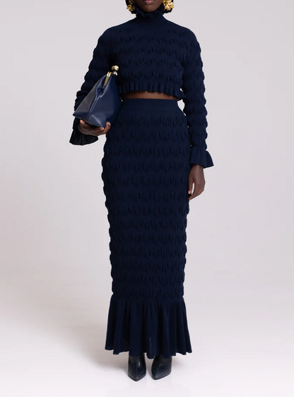Knit Pleated Crop Set In Navy