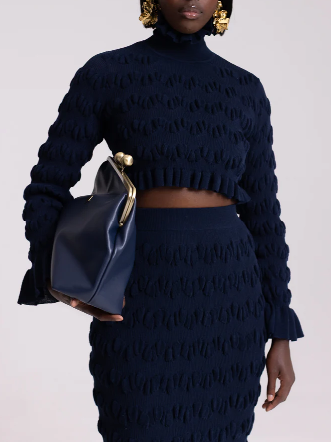 Knit Pleated Crop Set In Navy