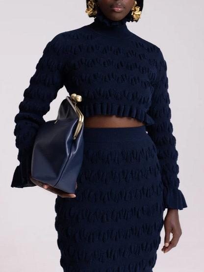 Knit Pleated Crop Set In Navy