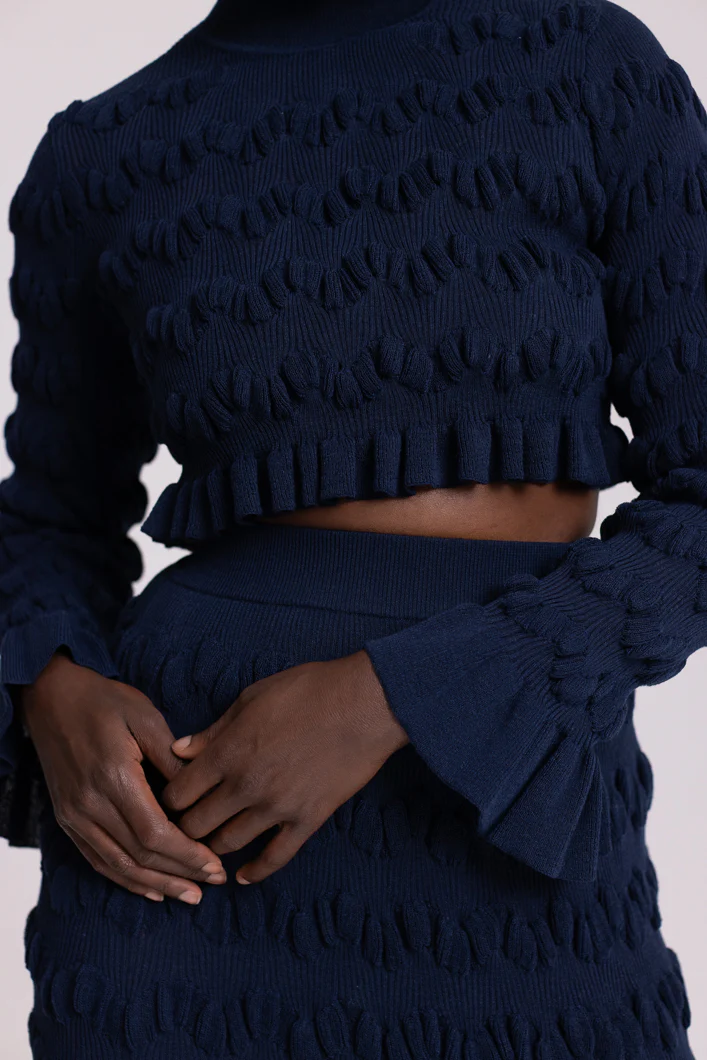 Knit Pleated Crop Set In Navy
