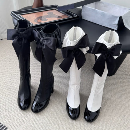 Round Toe Chunky Heel Bowknot Boots