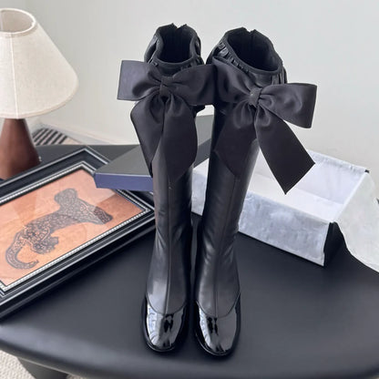 Round Toe Chunky Heel Bowknot Boots
