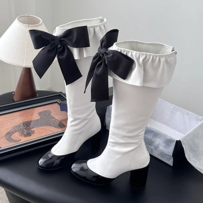 Round Toe Chunky Heel Bowknot Boots