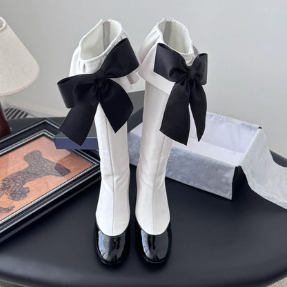 Round Toe Chunky Heel Bowknot Boots