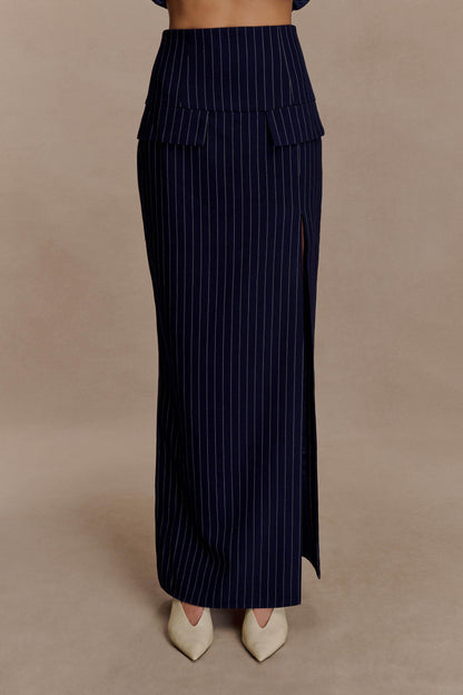 Navy Pinstripe Suit Skirt Set