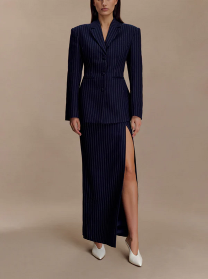 Navy Pinstripe Suit Skirt Set