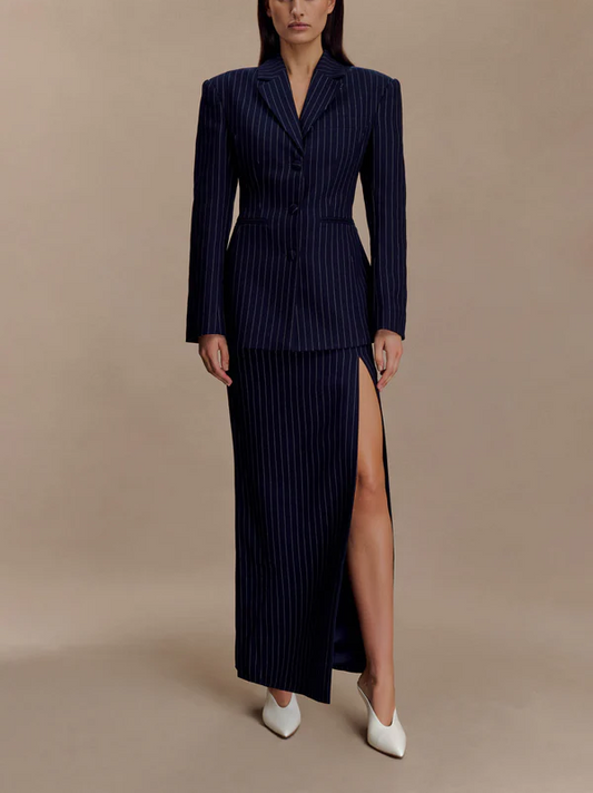 Navy Pinstripe Suit Skirt Set