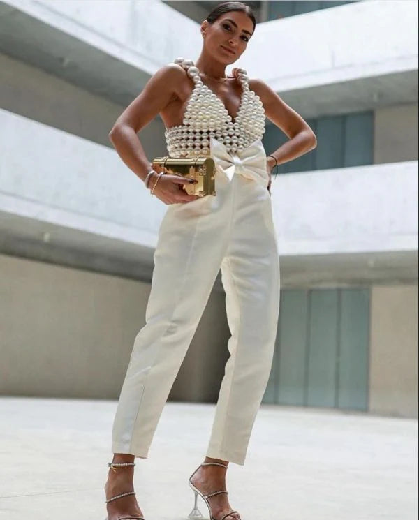 White Pearl Suspenders Two-Piece Set