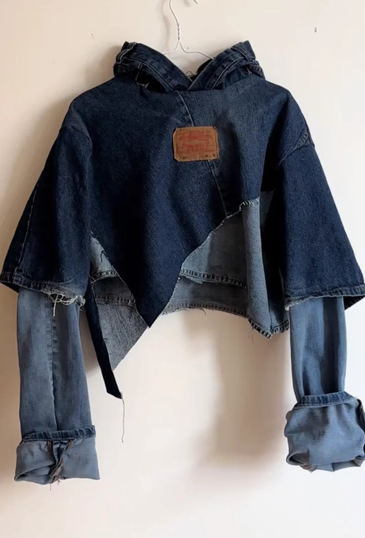 Irregular Denim Patchwork Cropped Hoodie