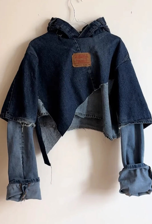 Irregular Denim Patchwork Cropped Hoodie