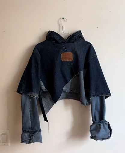 Irregular Denim Patchwork Cropped Hoodie