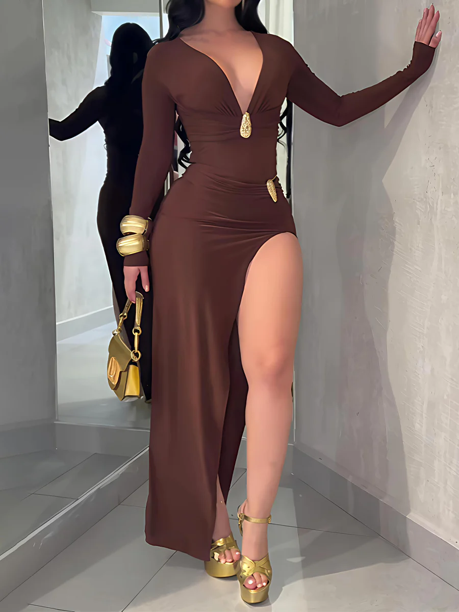 Metal Embellished Deep V Neck Two Pieces Dress