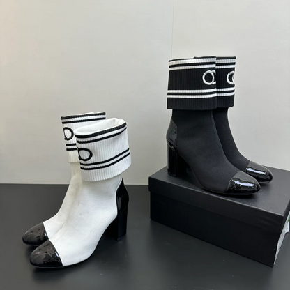Double-C Patent Leather Knitted Ankle Boots
