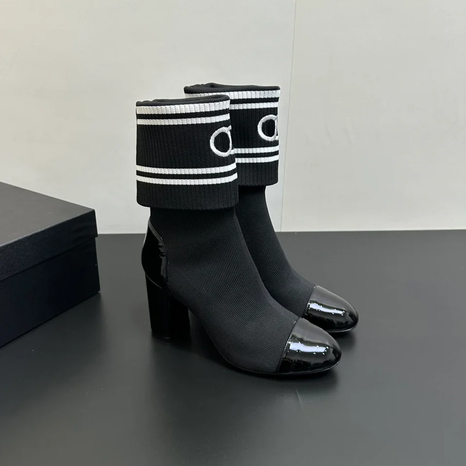 Double-C Patent Leather Knitted Ankle Boots