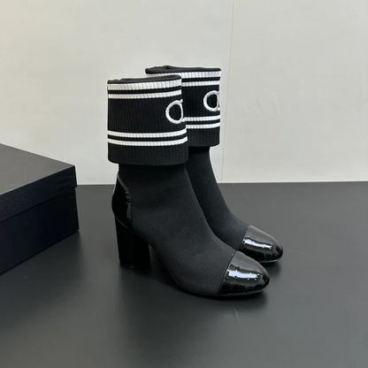 Double-C Patent Leather Knitted Ankle Boots